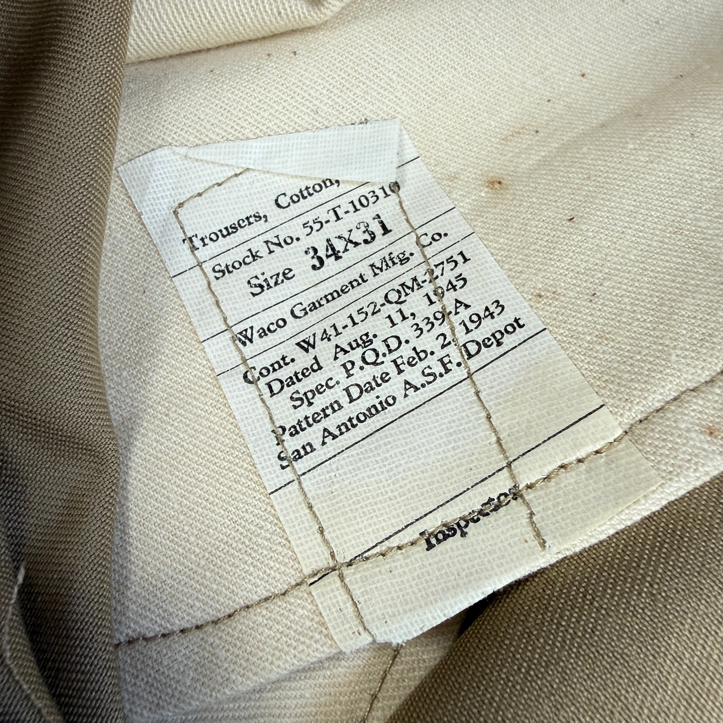 US Army WW2 1943 Pattern Chino Trousers - Size 34 - Deadstock