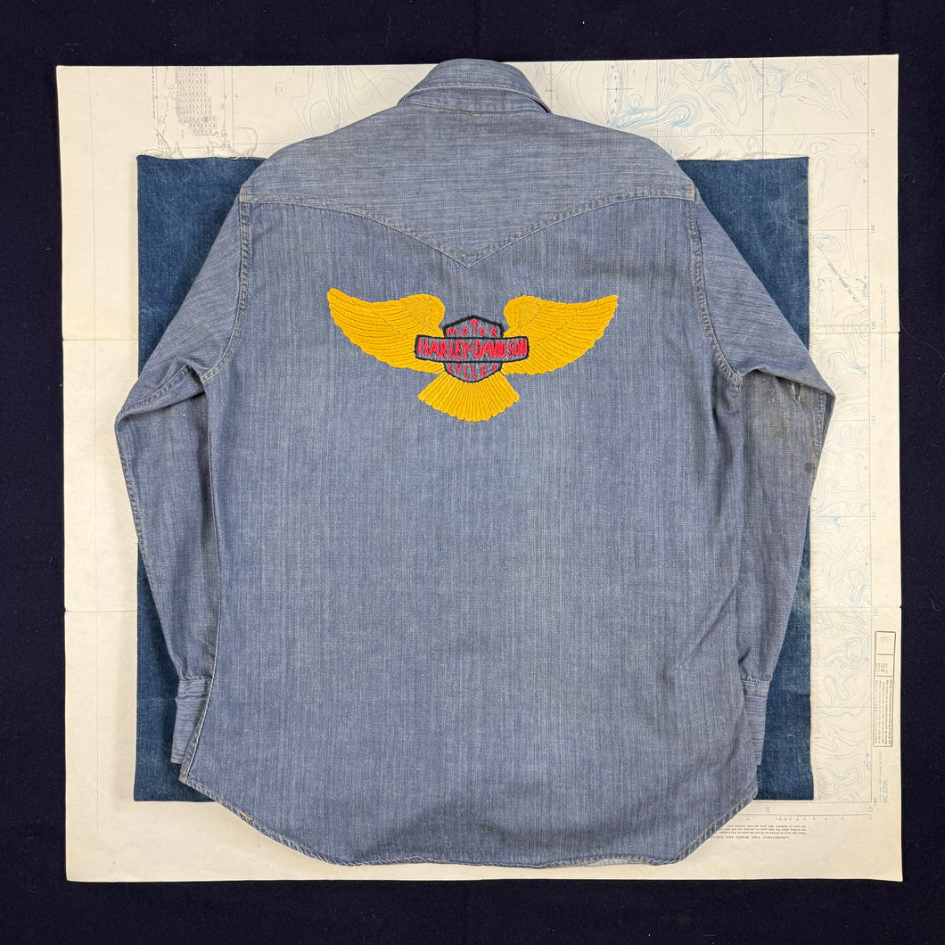Harley Davidson Embroidered 1960s Western Shirt with Asymmetric Pockets