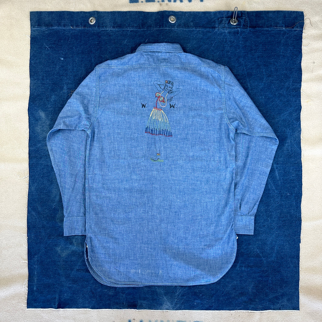 US Navy WW2 Chambray Shirt - Mint Condition with Aloha Artwork